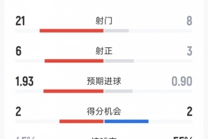 切尔西1-2桑德兰全场数据：射门8-21，射正3-6，红牌1-0